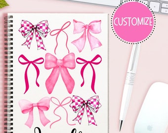 Personalized Pink Coquette Notebook, Pink Bow Notebook Journal Custom name Journal, Pink Bow Spiral Notebook, Bridesmaid Gifts, Stockings