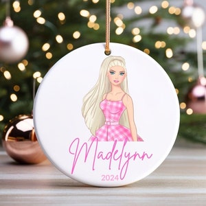 Personalized Pink Doll Ornament | Custom Name Little Girls Ornament | Blonde Doll Pink Dress Ornament for Girls | Customized Girls Gifts Tag