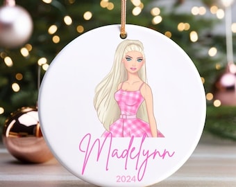 Personalized Pink Doll Ornament | Custom Name Little Girls Ornament | Blonde Doll Pink Dress Ornament for Girls | Customized Girls Gifts Tag