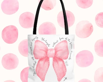 Scripture Pink Bow Tote Bag | Bible Tote Bag | Bible Verse Coquette Bow Tote | Christian Tote Bags | Coquette Christian Tote Bags & Gifts