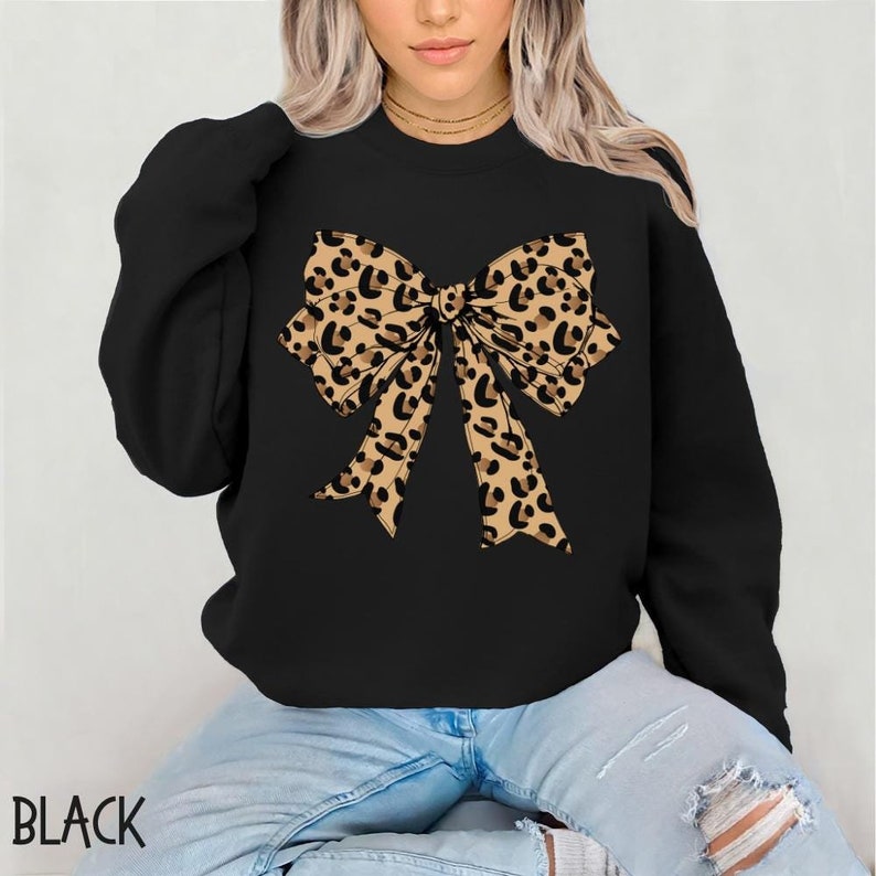 Bow Sweatshirt | Leopard Coquette Bow Shirts | Coquette Aesthetic | Girly Girl Shirts Preppy Bow Shirts Leopard Ribbon Sweater | Trendy Gifts
