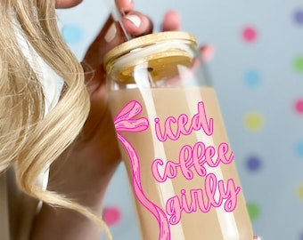 Tasse en verre Girly à café glacé avec couvercle et paille | Coquette Gobelet en verre à café glacé Bow 16 oz Tasse à café en verre glacé | Cadeaux coquette girly