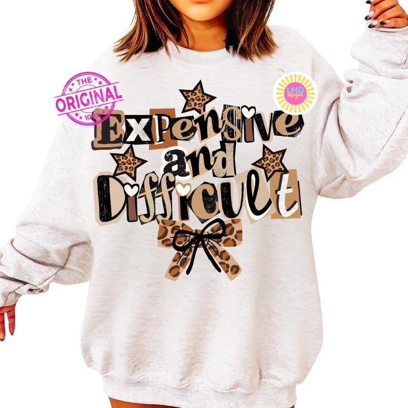 Pu&ograve; includere: Felpa grigio chiaro con la scritta "Expensive and Difficult" in un mix di font e colori. Il design include stelle con stampa leopardata e un fiocco. Il testo &egrave; in nero, marrone e beige.