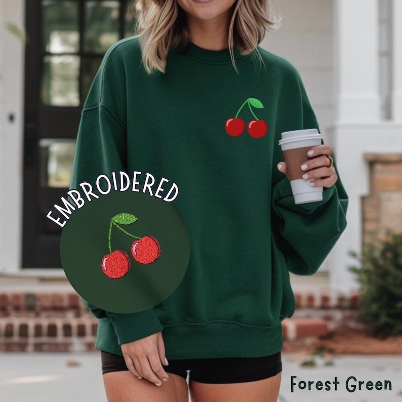 Cherry Sweatshirt, Embroidered Cherry Shirt, Trendy Cherry Shirts, Foodie Shirts, Cute Cherry Crewneck Sweatshirt for Women & Girls, Gifts