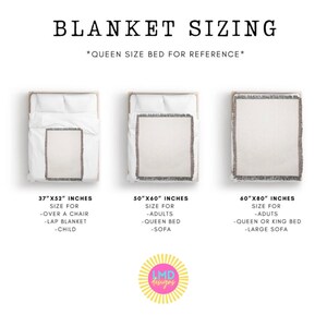 May include: A graphic showing three different blanket sizes with a queen-sized bed for reference. The sizes are 37" x 52", 50" x 60", and 60" x 80".