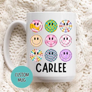 Custom Name Mug, Smiley Mug, Personalized retro Smiley Coffee cup, Customized Coffee Mug, Happy Face Mug, Personalized Gifts, Gifts for Teen