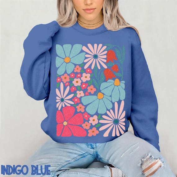 Sweatshirt Blue Sweatshirt Blumen Blumen-Sweatshirt Vintage Blumen