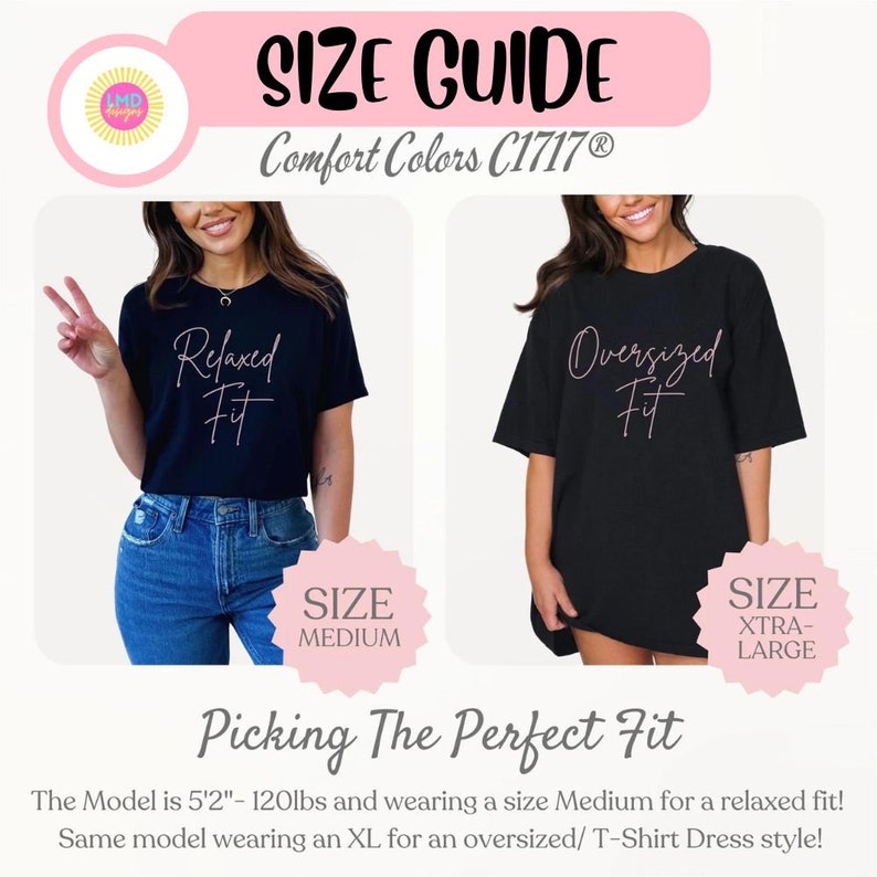 K&ouml;nnte beinhalten: Gr&ouml;&szlig;entabelle f&uuml;r Comfort Colors C1717 T-Shirts. Das Model tr&auml;gt Gr&ouml;&szlig;e M f&uuml;r eine lockere Passform und Gr&ouml;&szlig;e XL f&uuml;r eine Oversize-Passform. Der Text "Relaxed Fit" und "Oversized Fit" ist auf den Shirts aufgedruckt.