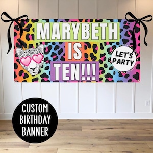Striscione di compleanno personalizzato, striscione di compleanno con animali da festa leopardati arcobaleno per bambina, grazioso e colorato decoro per la festa di compleanno con leopardo delle nevi al neon safari