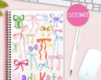 Gepersonaliseerd notitieboek, notitieboek coquette strikken, aangepaste naam cadeau voor vrouwen en meisjes, verjaardagscadeau voor meisjes tieners, schattig notitieboekje, kous