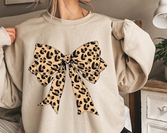 Leopard Bow Sweatshirt | Cute Coquette Bow Shirts | Coquette Aesthetic | Girly Girl Shirts | Preppy Bow Shirts | Leopard Ribbon Sweatshirts