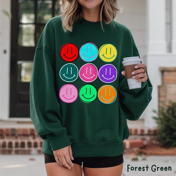 Trendy Smiley Sweatshirts, Smile Graphic Sweatshirt, Colorful