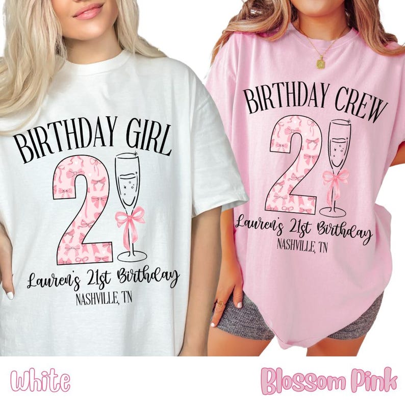 21st Birthday Shirts, Coquette Bow Birthday Group Shirt, Custom 21st Birthday Tee, Matching B-Day Shirts for Birthday Girl & Birthday Crew