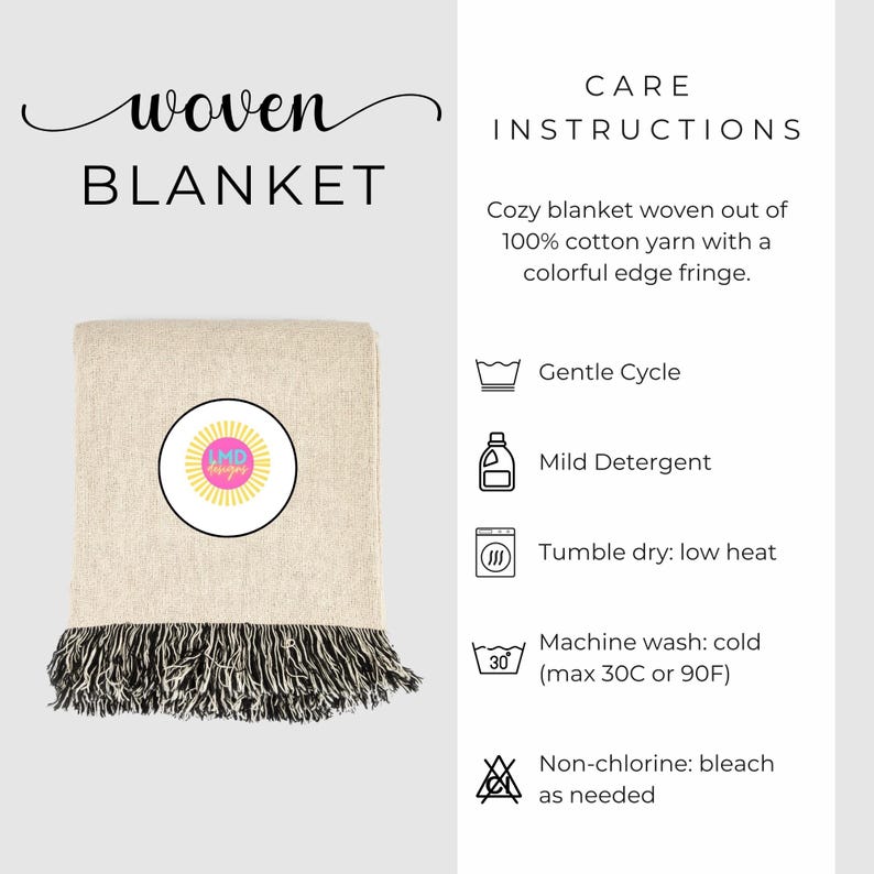 May include: A beige woven blanket with a black and white fringe. The blanket has a circular logo in the center with the text "LMD Designs". Care instructions are listed on the right side of the image, including instructions for gentle cycle washing, mild detergent, tumble dry on low heat, machine wash cold, and non-chlorine bleach as needed.