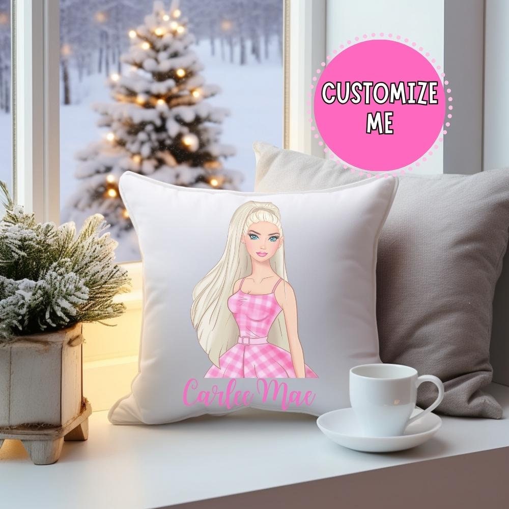 Personalized Girl's Pillowcase | Blonde Girl Pink Dress Girls Pillow Cover Customized Personalized Girls Bed Decor | Barb Pillow Cover Girls