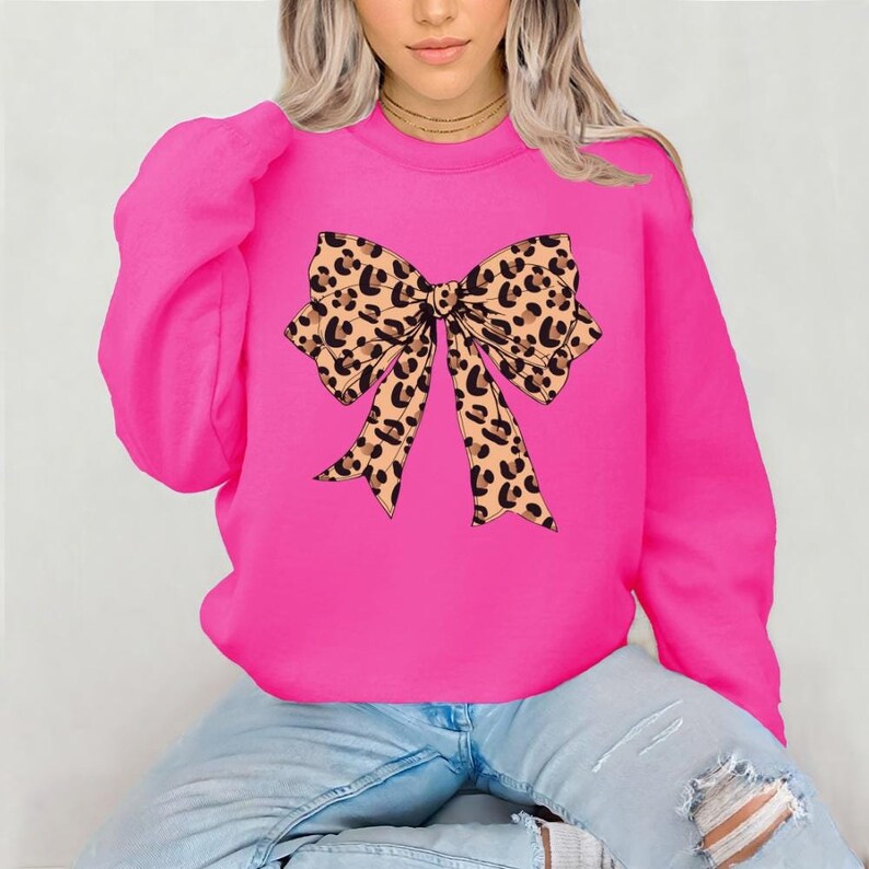 Leopard Bow Sweatshirt | Coquette Bow Shirts | Coquette Aesthetic | Girly Girl Shirts Preppy Bow Shirts | Leopard Ribbon Sweater | Trendy Bow Shirt