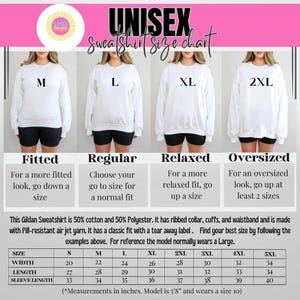 May include: Unisex sweatshirt size chart with a white sweatshirt model in sizes S, M, L, XL, 2XL, 3XL, 4XL, and 5XL. The chart shows the width, length, and sleeve length in inches for each size. The text states that the sweatshirt is 50% cotton and 50% polyester, has ribbed collar, cuffs, and waistband, and is made with pill-resistant air jet yarn.