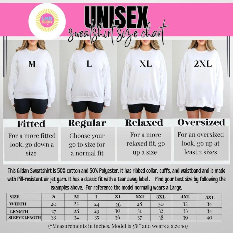 May include: Unisex sweatshirt size chart with a white sweatshirt model in sizes S, M, L, XL, 2XL, 3XL, 4XL, and 5XL. The chart shows the width, length, and sleeve length in inches for each size. The text states that the sweatshirt is 50% cotton and 50% polyester, has ribbed collar, cuffs, and waistband, and is made with pill-resistant air jet yarn.