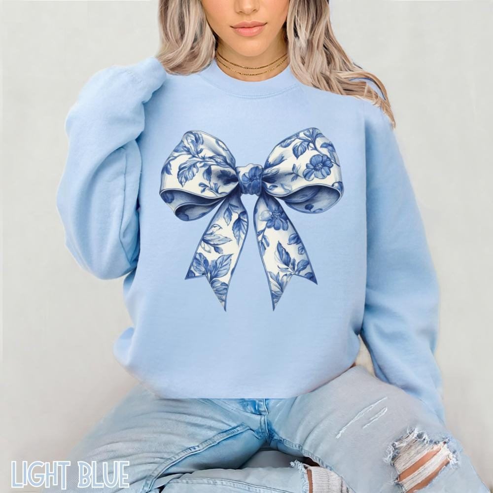 Toile De Jouy Coquette Bow Sweatshirt, Blue Ribbon Sweatshirt, Girly Aesthetic Crewneck, Cute Coquette Bow Shirt, Toile Blue Bow Sweater