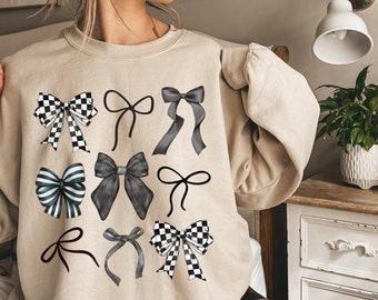 Black Bow Collage Sweatshirt | Coquette Bow Sweatshirts | Trendy Bow Shirts | Retro Checkered Bow Shirt | Coquette Aesthetic | Ribbon Shirts
