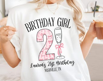21st Birthday Girl Shirt, Coquette Pink Bow Birthday Crew Shirt, Custom 21st Birthday Tee, Matching B-Day Shirts Birthday Girl Birthday Crew