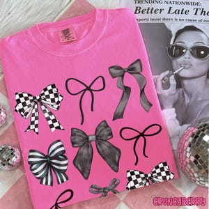 Black coquette bow Collage Shirt | Coquette Bow Shirts | Checkered Bow Shirt | Coquette Ribbon T shirt for Women & Girls | Coquette Tee Gift