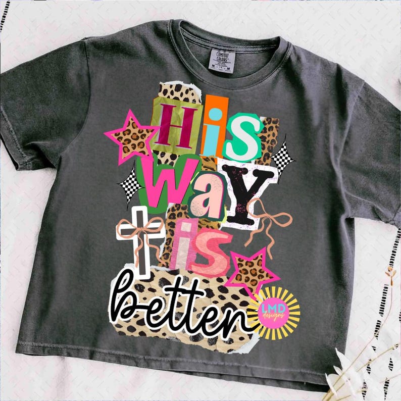 May include: Dark gray t-shirt with the text "His Way Is Better" in a colorful, layered design. The design includes stars, leopard print, and a cross. The shirt has a crew neck and short sleeves.