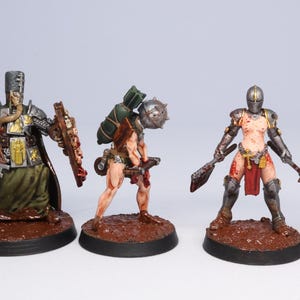 Puede incluir: Cuatro figuras en miniatura de guerreros de fantas&iacute;a. Las figuras est&aacute;n pintadas con armaduras, armas y tonos de piel detallados. Una figura lleva un abrigo largo y lleva una maza y un escudo. Las otras tres figuras est&aacute;n ligeramente blindadas y llevan armas.