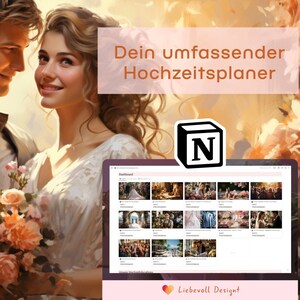 Könnte beinhalten: Ein Paar in Hochzeitskleidung, das sich gegenseitig anlächelt. Auf einem Laptop-Bildschirm ist eine Website mit dem Text "Dein umfassender Hochzeitsplaner" und einem Logo für die Notiz-App Notion zu sehen. Der Text "Liebevoll Design" befindet sich am unteren Rand des Bildschirms.