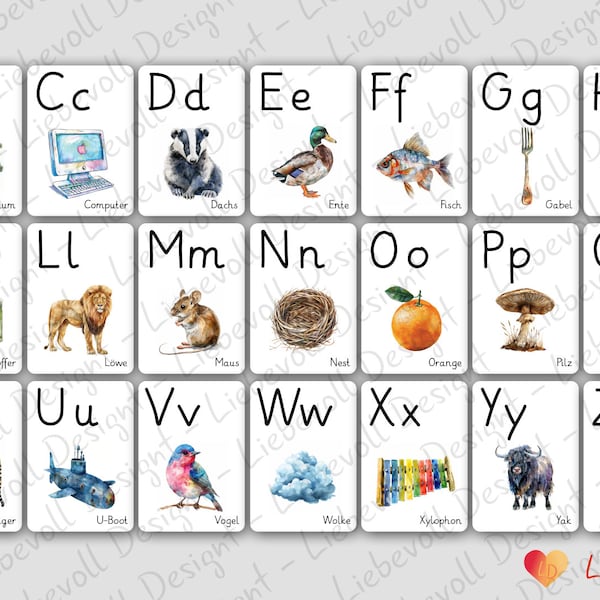 26 letter posters DOWNLOAD immediately, PDF, digital, German, alphabet, poster, letters, language, basic script, school, children, learning, DIN A4