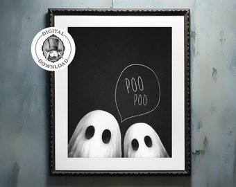 May include: Black and white illustration of two ghosts with a speech bubble that says "Poo Poo".
