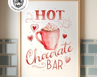 May include: A watercolor illustration of a hot chocolate bar sign with a red mug of hot chocolate with whipped cream and hearts. The text reads "Hot Chocolate Bar" in red cursive lettering.