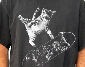 Retro Skateboarding Cat Graphic T Shirt, Vintage Kitten Punk Streetwear Tee, Y2K Oversized Funny Top