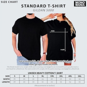 May include: Black unisex heavy cotton t-shirts. The image includes a size chart with measurements in inches for sizes S to 5XL. The text on the image says "STANDARD T-SHIRT GILDAN 5000".