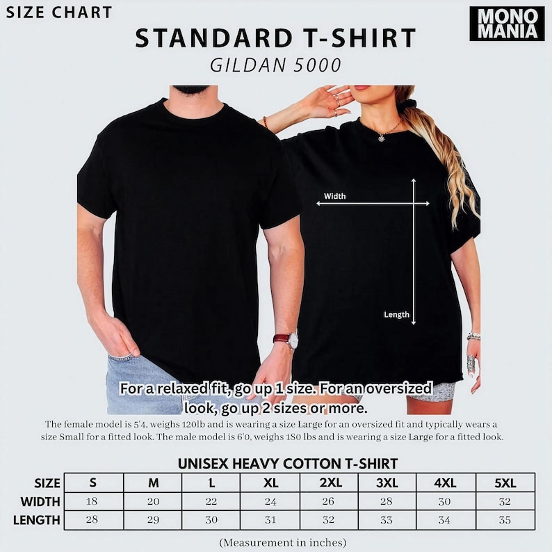 May include: Black unisex heavy cotton t-shirts. The image includes a size chart with measurements in inches for sizes S to 5XL. The text on the image says "STANDARD T-SHIRT GILDAN 5000".