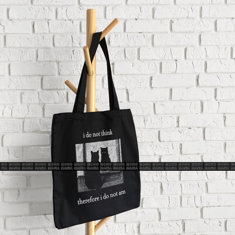 I do not think therefore i do not am, Funny Cat tote bag, Grunge tote, Vintage tote, Witchy bag, Goth, Emo, Punk tote