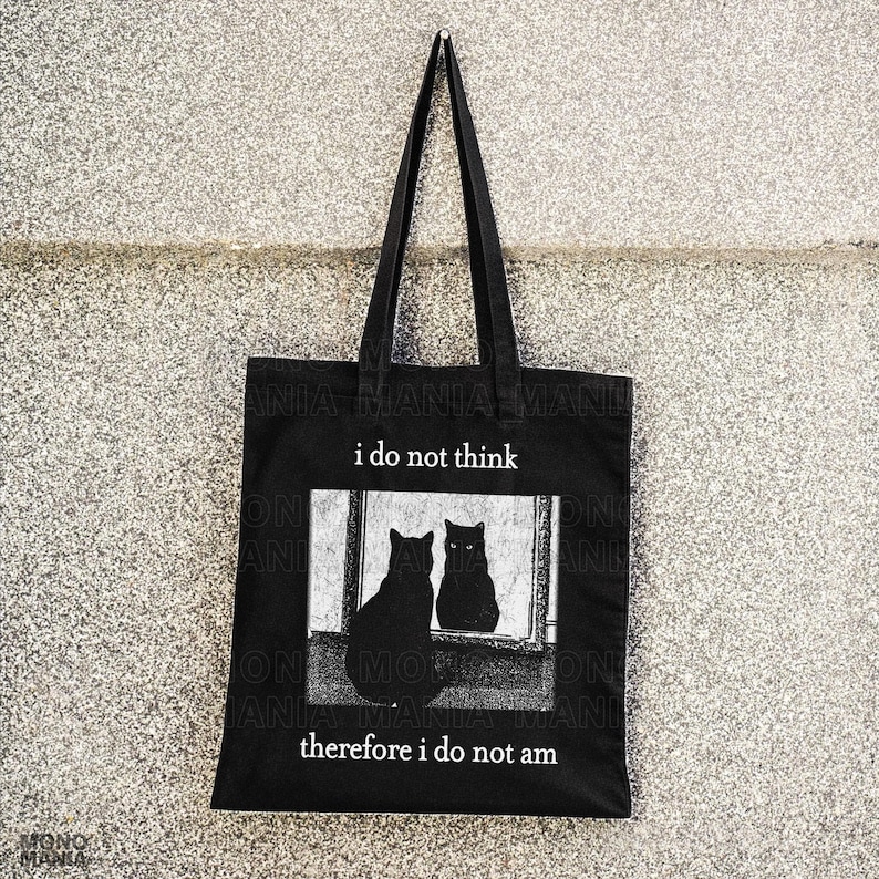 I do not think therefore i do not am, Funny Cat tote bag, Grunge tote, Vintage tote, Witchy bag, Goth, Emo, Punk tote