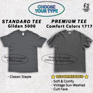 Puede incluir: Una tabla comparativa titulada CHOOSE YOUR TYPE con dos camisetas gris oscuro. A la izquierda, una camiseta est&aacute;ndar Gildan 5000, 180 g/m&sup2;, 100% algod&oacute;n. A la derecha, una camiseta premium Comfort Colors 1717, 207 g/m&sup2;, 100% algod&oacute;n hilado en anillo.