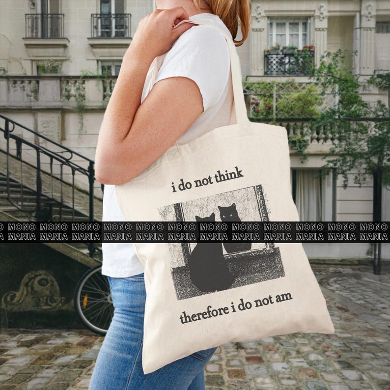 I do not think therefore i do not am, Funny Cat tote bag, Grunge tote, Vintage tote, Witchy bag, Goth, Emo, Punk tote