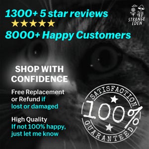 Puede incluir: Un gr&aacute;fico en blanco y negro con un rostro de gato de fondo y texto que indica 1300+ 5 star reviews, 8000+ Happy Customers, Shop With Confidence, Free Replacement or Refund if lost or damaged, High Quality y 100% Satisfaction Guaranteed.