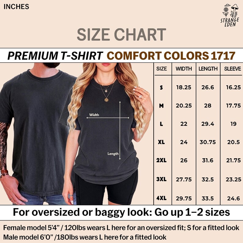 K&ouml;nnte beinhalten: Eine Gr&ouml;&szlig;entabelle f&uuml;r ein Comfort Colors 1717 Premium-T-Shirt in Zoll. Die Tabelle zeigt Breiten-, L&auml;ngen- und &Auml;rmelma&szlig;e f&uuml;r die Gr&ouml;&szlig;en S bis 4XL. Sie enth&auml;lt Text zu Gr&ouml;&szlig;enempfehlungen f&uuml;r einen Oversized-Look sowie Details zur Passform der Modelle.