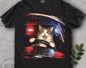 Funny Cat Car Chase Meme Shirt, Vintage Kitty Driving Tee