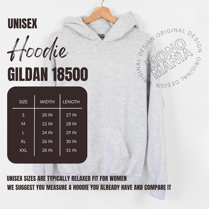 May include: A light gray unisex hoodie, size chart included. The hoodie is a Gildan 18500, with measurements ranging from 20 inches wide and 27 inches long (size S) to 28 inches wide and 31 inches long (size XXL). The text reads "Unisex Hoodie".