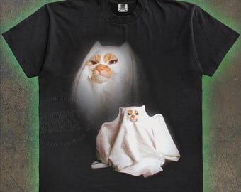 Ghost Kitten Comfort Shirt, Retro Halloween Cat Graphic Shirt, Funny Halloween Gift, Cat Halloween Shirt, Spooky Season Cat Sweatshirt