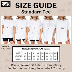 May include: Size guide for a standard tee shirt, featuring models wearing white t-shirts in sizes S to 2XL. The guide includes measurements in inches for length and width, ranging from 28 to 35 inches in length and 18 to 32 inches in width.