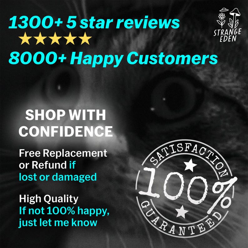 K&ouml;nnte beinhalten: Eine schwarz-wei&szlig;e Grafik mit einem Katzengesicht im Hintergrund und Text, der 1300+ 5 star reviews, 8000+ Happy Customers, Shop With Confidence, Free Replacement or Refund if lost or damaged, High Quality und 100% Satisfaction Guaranteed angibt.