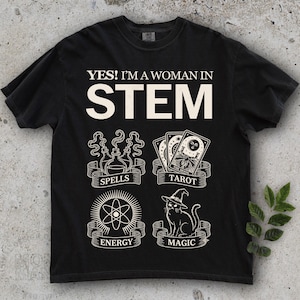 STEM Spells Tarot Energy Magic shirt, Support Local Coven, Funny Black Cat tee, Witchy tshirt, Tarot Lover gift, Grunge Goth Emo | Beige