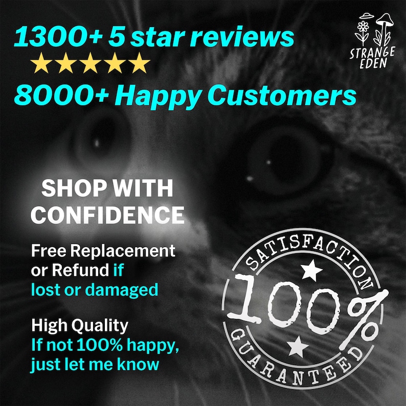 May include: A black and white graphic featuring a cat face background with text stating 1300+ 5 star reviews, 8000+ Happy Customers, Shop With Confidence, Free Replacement or Refund if lost or damaged, High Quality, and 100% Satisfaction Guaranteed.