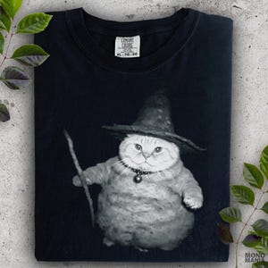 May include: Black t-shirt featuring a whimsical illustration of a cat dressed as a wizard, complete with a pointed hat and staff. The cat has a pendant necklace. The shirt is folded and has a Comfort Colors tag.