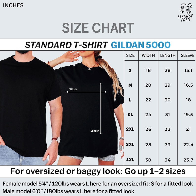Puede incluir: Una tabla de tallas para una camiseta est&aacute;ndar Gildan 5000 en pulgadas. La tabla muestra medidas de ancho, largo y manga para tallas de la S a la 4XL. Incluye texto sobre recomendaciones de ajuste oversize y referencias de modelos.